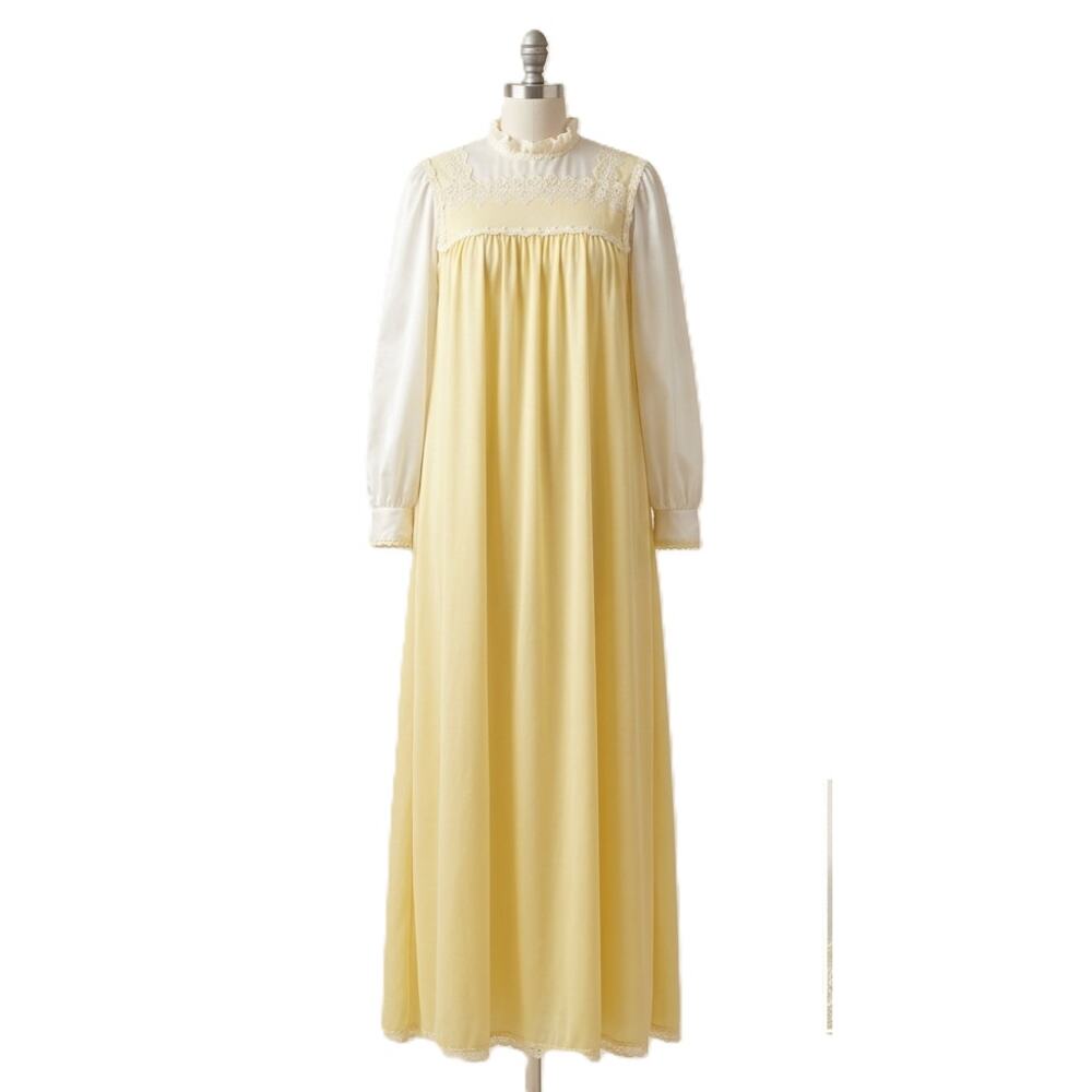 Vintage Christian Dior I. Magnin Butter Yellow White Floral Trim Nightgown READ